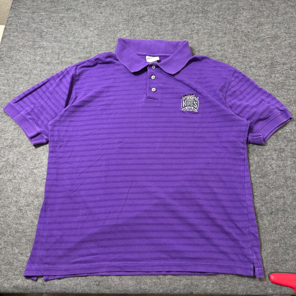 Vintage NBA Sacramento Kings Polo Shirt Mens Large Purple Striped Short Sleeve